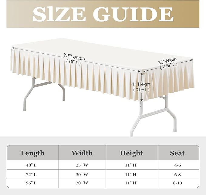 Wish Care 2 Pack Ivory Spandex Table Clothes for 6 Foot Rectangle Tables Wrinkle Free Stretch Fitted Tablecloths 6ft Pleated Ruffle Elastic Table Cover Skirt for Wedding Birthday Banquet Home Party