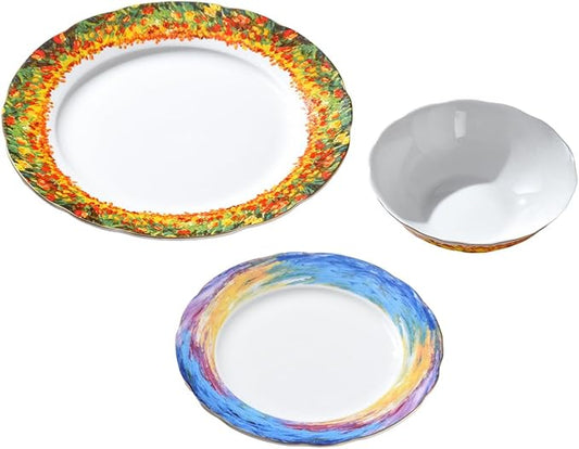 Exquisite ceramic tableware 3 Piece Bone China Modern Round Dishes Sets,Dinnerware dishset for Kitchen,Dinner Plate,Dessert Plate,Soup Bowl,Colorful flowers