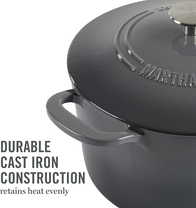 MARTHA STEWART Gatwick 7-Quart Enamel Cast Iron Dutch Oven ??Classic Grey ??Durable Heavy-Duty Dutch Oven for Slow Cooking, Braising & Baking