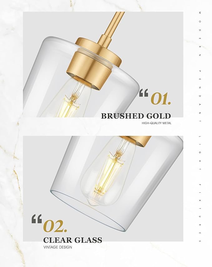 Gold Pendant Lights Kitchen Island, 6" Hanging Lights Fixtures with Clear Glass Shade, Modern Brass Kitchen Pendant Lighting Over Island for Dining Room, AD-22004-1P-GD-C