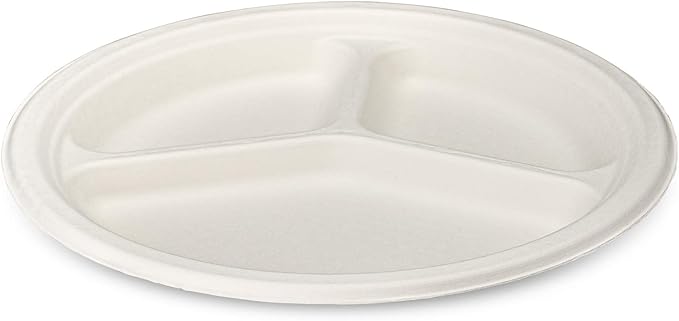GUSTO [10 Inch 3 Compartment Compostable Paper Plates - 125 Pack White Heavy-Duty Divided Disposable Biodegradable Plates (Formerly Comfy Package)