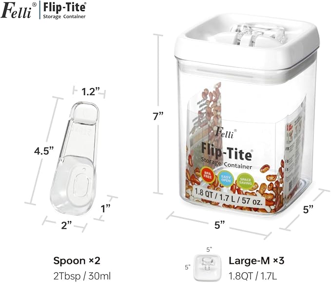 Felli Flip Tite Storage Container with Built-In Spoon & Airtight Lid 5??Large-M Ring Flip Top, Stackable Acrylic Canister for Rice Sugar Flour Protein Powder, Kitchen Pantry Organizer (1.8qt)