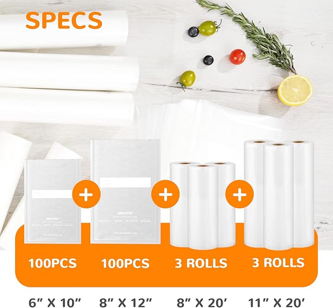 Multi-Size Sealing Solution Vacuum Sealer Bags & Rolls ??100x 6''x10'', 100x 8''x12'', 3 Rolls 11''x20', 3 Rolls 8''x20' ??Premium Commercial-Grade for Food Storage, Meal Prep, & Sous Vide, Wevac