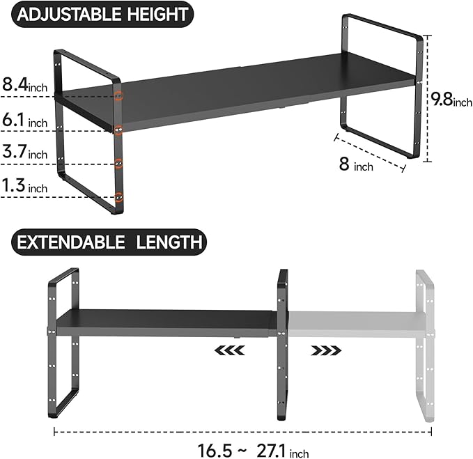 16.5-27?쇺셂 Expandable Cabinet Shelf Organizers, Stackable Metal Shelves Extender for Kitchen Countertop Storage, Adjustable Spices Shelves Rack Stand for Cupboard Pantry, Black