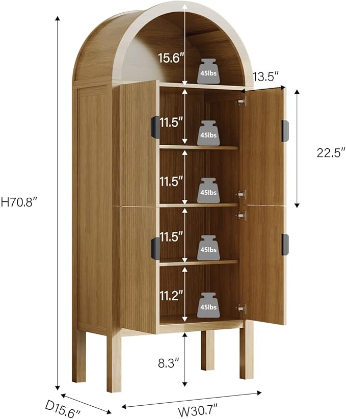 71" Tall Arched Fluted Storage Cabinet - Modern Pantry Cabinet with 4-Tier Shelves, Open Display & Sealed Storage, Accent Sideboard for Living Room Kitchen Dining Room (Natural Wood)