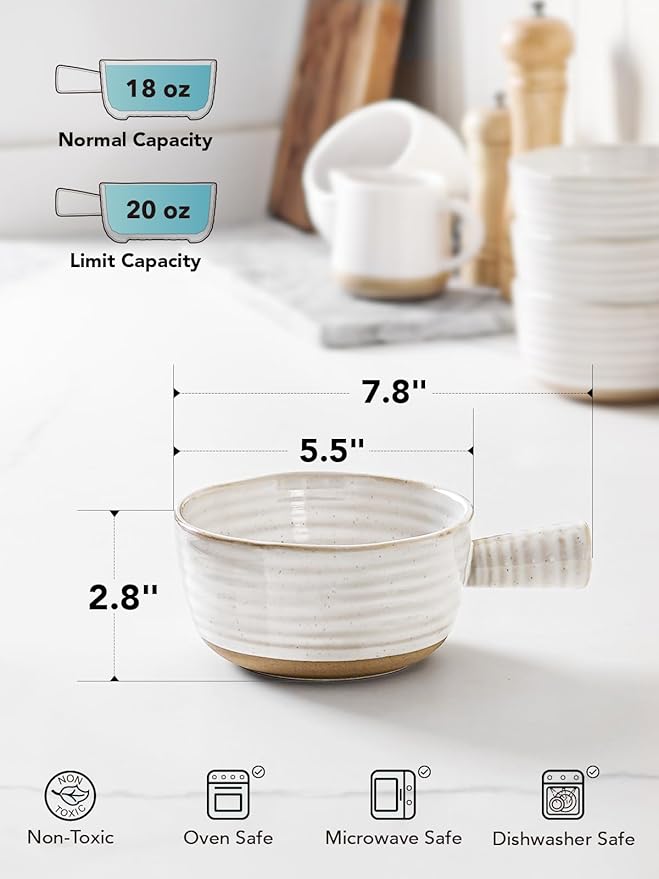 LE TAUCI French Onion Soup Bowls, 18 Ounce Soup Bowls With Handles for Chili, Beef Stew, Onion Soup Crocks Microwave Dishwasher Oven Safe - 5.5 inch, Set of 4, Arctic White