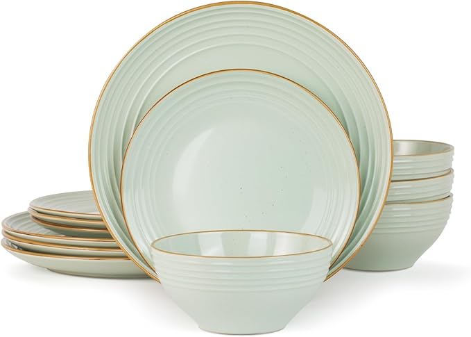 Famiware Jupiter Dinnerware Set, Plates and Bowls Dish Sets for 4 (12 Pieces), Speckled Stoneware Tableware wtih Trim - Microwave and Dishwasher Safe, Chip and Scratch Resistant, Light Green