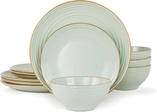 Famiware Jupiter Dinnerware Set, Plates and Bowls Dish Sets for 4 (12 Pieces), Speckled Stoneware Tableware wtih Trim - Microwave and Dishwasher Safe, Chip and Scratch Resistant, Light Green