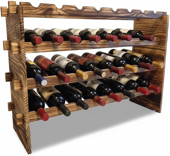 32-Bottle 4-Tier Stackable Wine Rack ??Freestanding Carbonized Pine Organizer for Home Bar, Kitchen, Countertop, Modular DIY Design