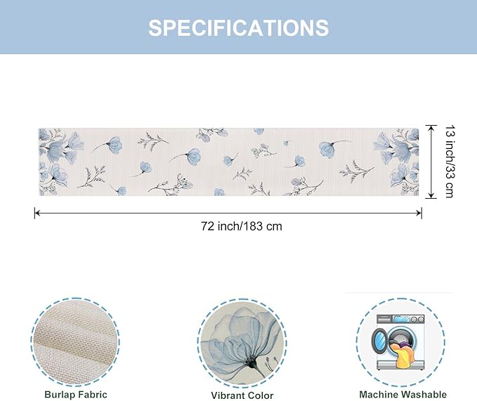 ZCHOMI Blue Poppy Floral Table Runner 13x72 Inch Summer Flowers Spring Kitchen Dinning Table Decoration for Indoor Outdoor Home Party D챕cor