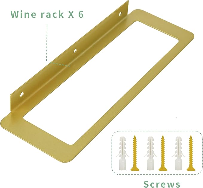 Wine Rack Wall Mounted, Black Metal Iron Hanging Wine Bottle Holder, Wall Display Rack for Standard Wine Bottles, Rustic Wine Storage for Kitchen and Home D챕cor, Set of 6 (Gold)