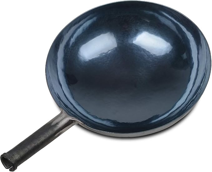 ?삡툒??ZhenSanHuan Chinese Hand Hammered Iron Woks and Stir Fry Pans, Non-stick, No Coating, Carbon Steel Pow (32CM, Blue Black - Seasoned)