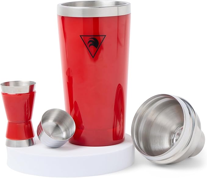 Cocktail Shaker Set 17oz ??Red Stainless Steel Cobbler Shaker with Jigger, Leak-Proof & Non-Slip Base ??Premium Bar Tool