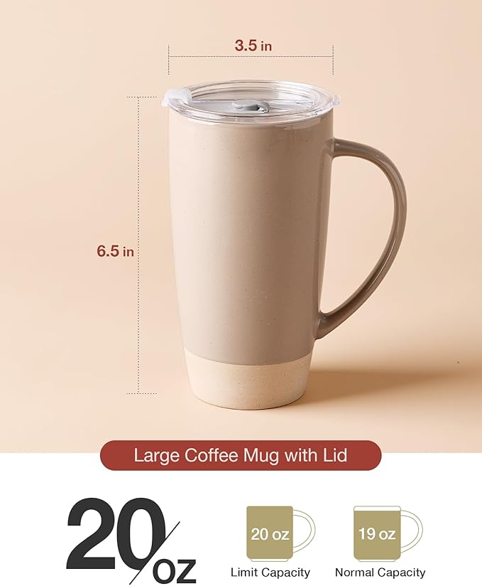 famiware Milkyway Coffee Mugs, 20oz Large Coffee Mug, Ceramic Mug Set of 2 with Lid, Cup Set with Handle for Latte, Tea, Cocoa, Milk, Home & Office, Cinnamon Brown
