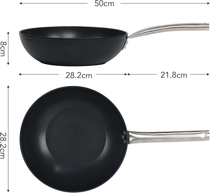 JAKE & JULIA 11" Non Stick Carbon Steel Wok Pan, with Stainless Steel Handle, Kitchen
