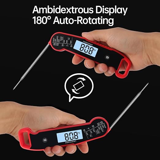 Lonicera Digital Meat Thermometer for Food Cooking. Instant Read Within 1 Sec and 짹0.9?덦ccuracy with Thermocouple Sensor. IP67 Waterproof, Auto-Rotating Display, Auto Wake up (Red)