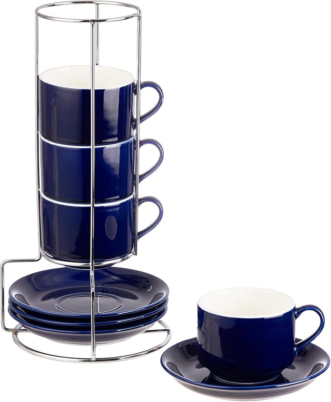 8oz Porcelain Cappuccino Cups with Saucers and Metal Stand, Stackable Coffee Cups for Specialty Coffee Drinks, Cappuccino, Latte, Espresso, Americano and Tea - Cups Set of 4, Blue