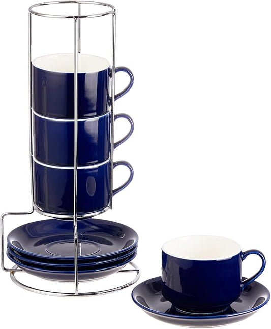 8oz Porcelain Cappuccino Cups with Saucers and Metal Stand, Stackable Coffee Cups for Specialty Coffee Drinks, Cappuccino, Latte, Espresso, Americano and Tea - Cups Set of 4, Blue