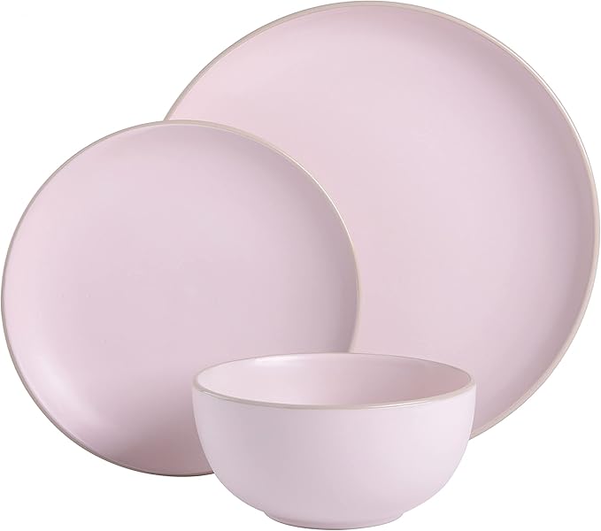 Gibson Home Rockaway 12-Piece Round Stoneware Dinnerware Set, Service for 4 ??Pink Plates and Bowls, Modern Matte Finish, Microwave & Dishwasher Safe