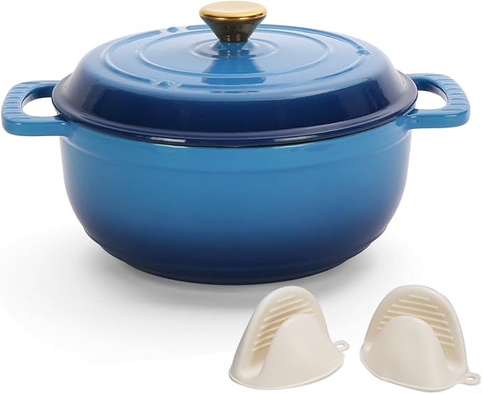 Dutch Oven Pot with Lid, 5 Quart Enameled Cast Iron Dutch Oven, Dual Handles, Kitchen Pots Oven Safe up to 500째F, Stovetop Compatible, Marinate, Cook, Bread Baking, Refrigerate & Serve, Blue