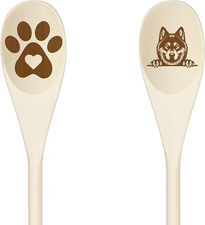 TORNJAK Wooden Spoons for Cooking, Serving or Decorative Kitchen Utensils Set Dog Lover Dog Mom/Dad Gift with Peeking Dog Designs, Paw Print and Dog Head, Kitchen Utensils Set of 2