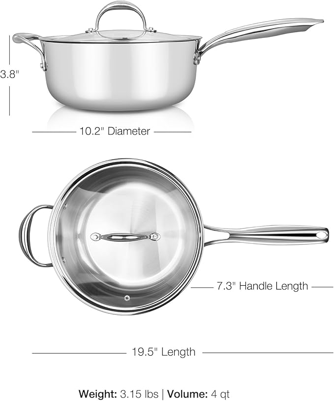 KEAWELL K3 Premium 4-Quart Tri-Ply Stainless Steel Saut챕 Pan with Lid, Induction & Oven Safe up to 600째F, Even Heating, Professional Cookware for All Stovetops (4-Qt)