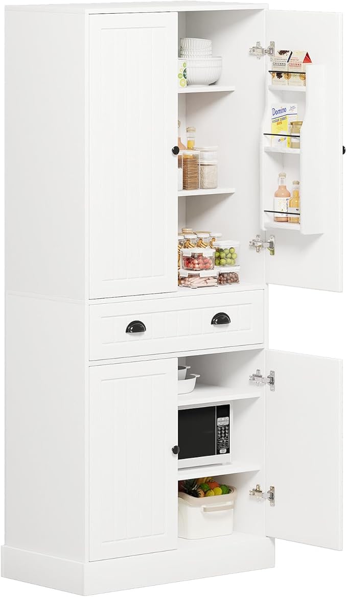 4 EVER WINNER 72" Tall Pantry Cabinet, Farmhouse Storage Cabinet with Adjustable Shelves and Drawers, Rustic Wood Cupboard for Kitchen, Dining, Living Room, White