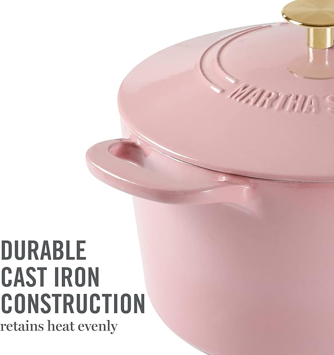 MARTHA STEWART Gatwick 7-Quart Enamel Cast Iron Dutch Oven Pot with Lid ??Pink ??Heavy-Duty Dutch Oven for Slow Cooking, Braising & Baking