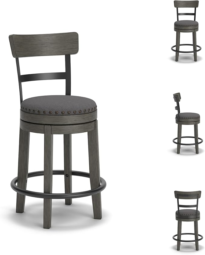 Signature Design by Ashley Caitbrook | Farmhouse Swivel 24" Counter Height Barstool ??360째 Swivel, Upholstered with Nailhead Trim, Metal & Wood Frame, Gray