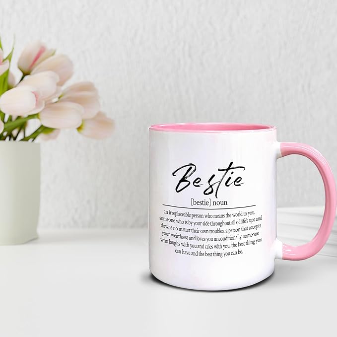 QASHWEY Bestie Definition Coffee Mug, Best Friend Bestie BFF Soul Sister Gifts for Women Teen Girls,Inspirational Friendship Gifts Double Side Printed Ceramic Mug Cup 11 Ounce(Pink)