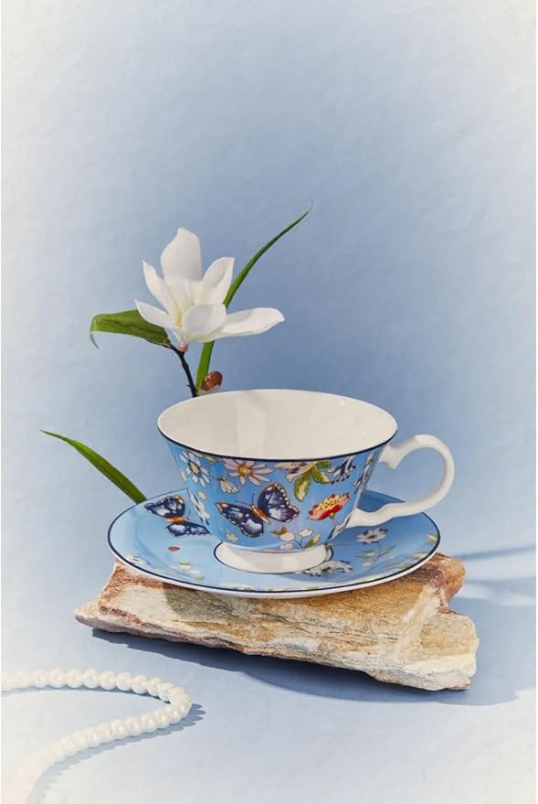 Aynsley Cottage Garden Windsor Fine Bone China Teacup & Saucer - 7.5oz (220ml), Elegant Windsor Shape, Christmas Gift for Tea Lovers, British Craftsmanship-Blue