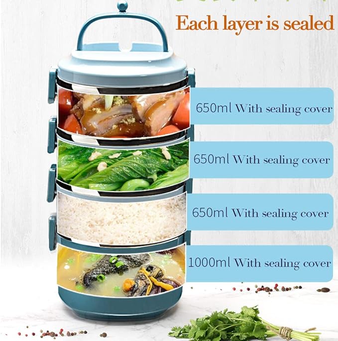 SANQIAHOME 2 Tier Stackable Stainless Steel Lunch Box Sealed(green, 2 layers) with spoon and fork
