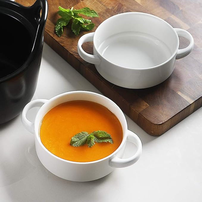 Sweejar Ceramic Soup Bowls with Double Handles, 20 Oz Stacked Bowls for French Onion Soup, Cereal, Pot Pies, Stew, Chill, Pasta, Set of 4(Beige)