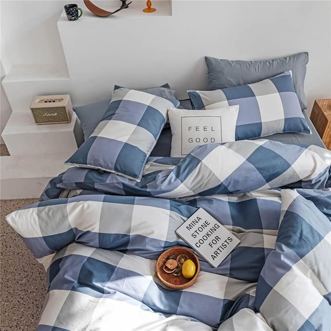Plaid Comforter Set Full Modern Style Checkered Pattern Comforter for Men Boys Blue White Grey Geometric Comforter with 2 Pillowcases Soft Fluffy 3 Pieces Lightweight Bedding Set Full Comforter Set