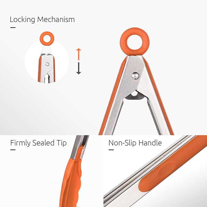 Kitchen Tongs, U-Taste 7/9/12 inches Cooking Tongs, with 600쨘F High Heat-Resistant Non-Stick Silicone Tips, 18/8 Stainless Steel Handle, for Food Grill, Salad, BBQ, Frying, Serving, Pack of 3(Orange)