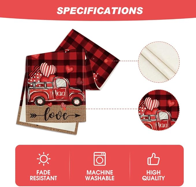 Artoid Mode Black Red Buffalo Plaid Hearts Truck Love Valentine's Day Table Runner, Kitchen Dining Table Decoration for Home Party Decor 13x72 Inch
