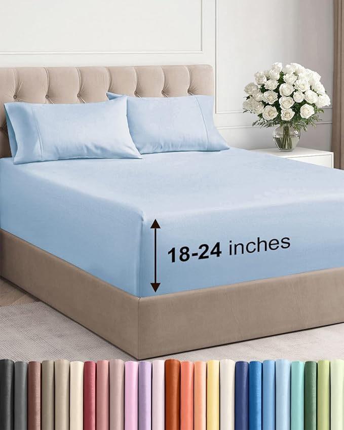 Extra Deep Pocket Full Sheets - 4 Piece Breathable & Cooling Bed Sheets - Hotel Luxury Bed Sheet Set - Soft, Wrinkle Free & Comfy - Easily Fits Extra Deep Mattresses - Deep Pocket Sky Blue Sheets Set