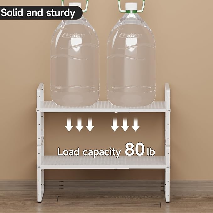 2Pack Expandable Cabinet Countertop Shelves 16.5-27?쇺셂, Adjustable Metal Spice Rack Organizer, Stackable Kitchen Counter Storage Shelves Organizers for Cabinet Organization, White