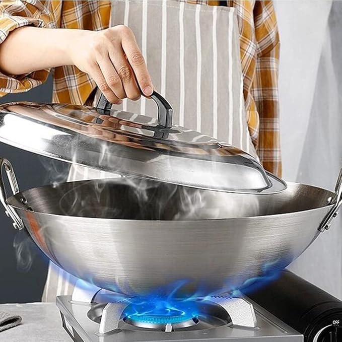 DOITOOL Stainless Steel Wok with Double Handles 12.6 Inch Round Bottom Pan for Stir Frying and Cooking Kitchen Use