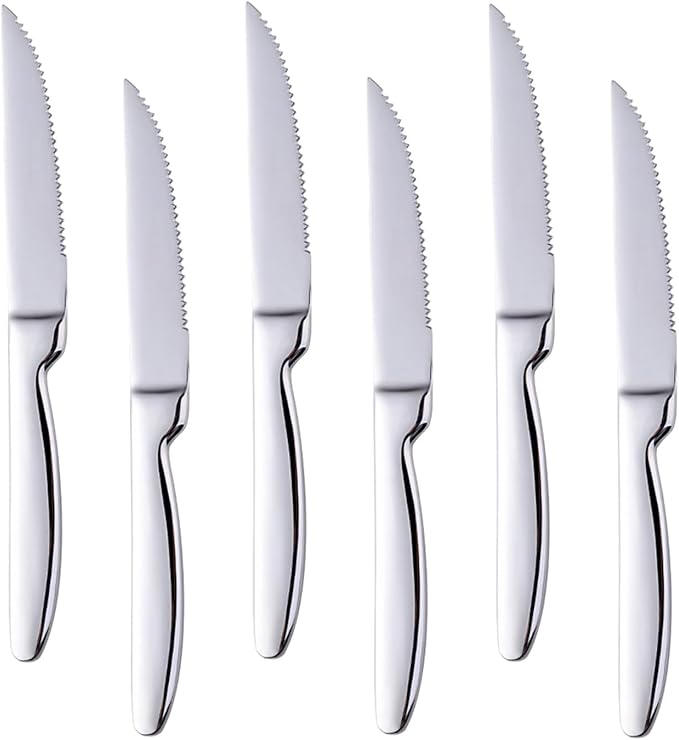 Kitchen Steak Knives Set of 6, 8.6 Inches Heavy Duty Steak Knife Sets, Stainless Steel Non-Stick Silverware Set for Home, Restaurant, Party, Wedding, Dishwasher Safe