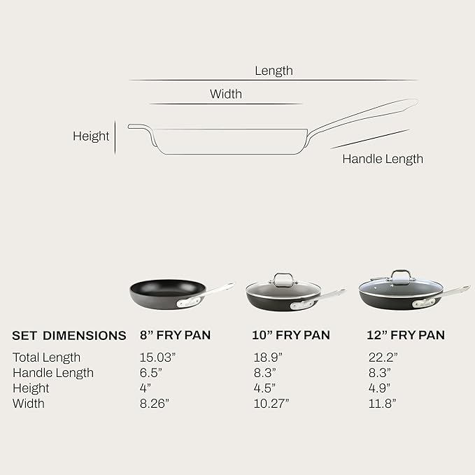 All-Clad HA1 Hard Anodized Nonstick Fry Pan Set ??3-Piece Cookware, 8", 10", 12" Skillets with Lid, Induction Compatible, Oven Safe to 500째F, Lid Safe to 350째F, Black