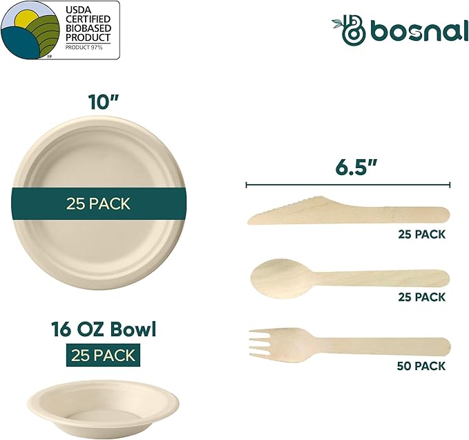 BOSNAL 10 Inch Round Plates with 16 oz Bowls & Cutlery ??25 Plates, 25 Bowls, 25 Spoons, 25 Knives & 50 Forks, 100% Plant-Based Sugarcane Bagasse, Eco-Friendly, Compostable, Microwave Safe & Durable