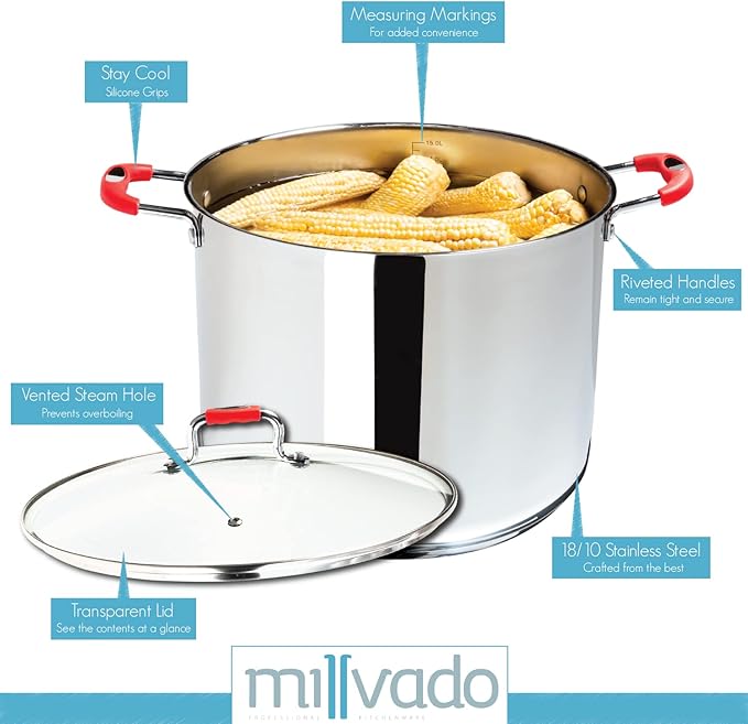 Stainless Steel Stock Pot, 6 Quart with Clear Glass Lid, Steam Hole, Permanent Markings - Gas, Electric & Induction Compatible