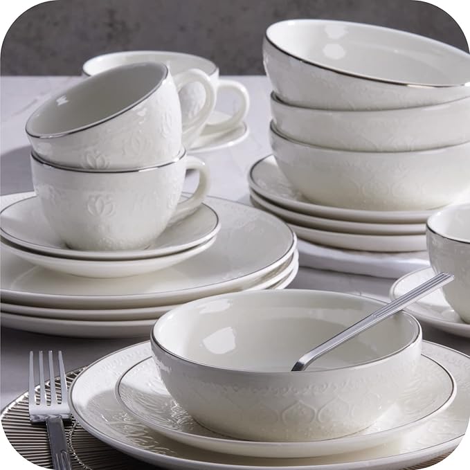 Corona 20?뱎iece Silver-Rim Elegant Embossed Floral Pattern Ceramic Dinnerware Sets, Plates Bowls and Cups, Service For 4, Harmony