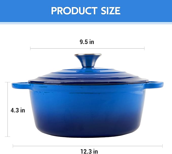 4.5 Quart Dutch Oven Enameled Cast Iron with Lid - Big Dual Handles - Oven Safe up to 500째F - Classic Round Pot for Versatile Cooking Blue