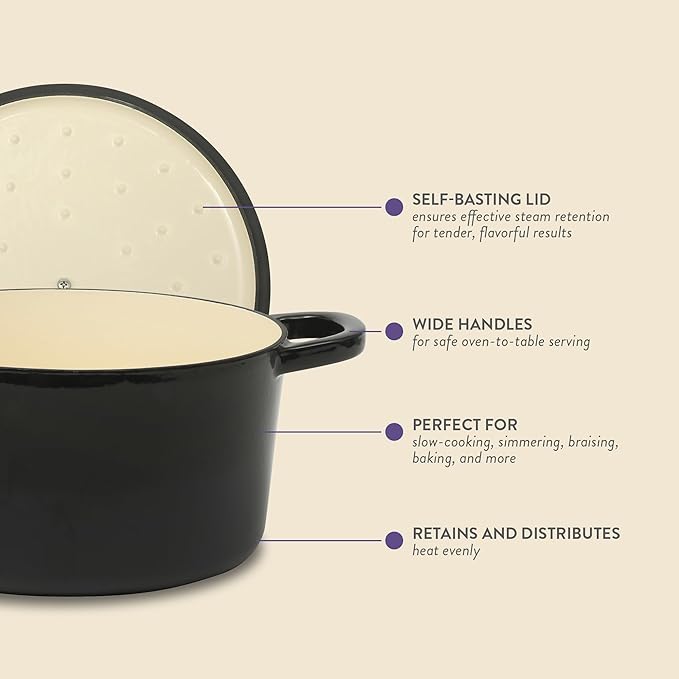 Crock Pot Artisan 7-Quart Round Cast Iron Dutch Oven with Lid ??Black Enamel Finish, Gold Knob, Durable Heavy-Duty Cookware for Slow Cooking, Baking, and Roasting