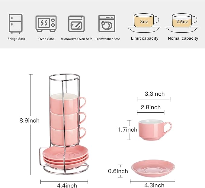 2.5oz Espresso Cups Set of 4, Small Stackable Coffee Cups with Saucers and Metal Stand, Ceramic Demitasse Cups, Cappuccino Cups for Coffee Drinks, Latte, Pink