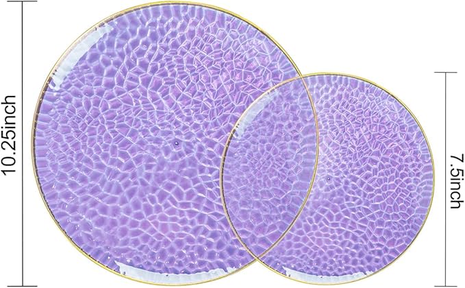 Rubtlamp 100Pcs Purple Gold Plastic Plates, Purple Disposable Plates With Gold Rim, Hammered Plastic plates Include 50 Clear Dessert Platos, 50 Dinner Platos for Party