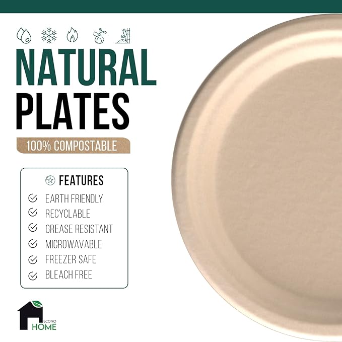 EconoHome 12 Inch Compostable Paper Plates [50-Pack] - Eco-Conscious Disposable Tray Made of Bagasse or Sugarcane Fiber - Microwave, Refrigerator-Safe - Heavy Duty Paper Plates for Dinner