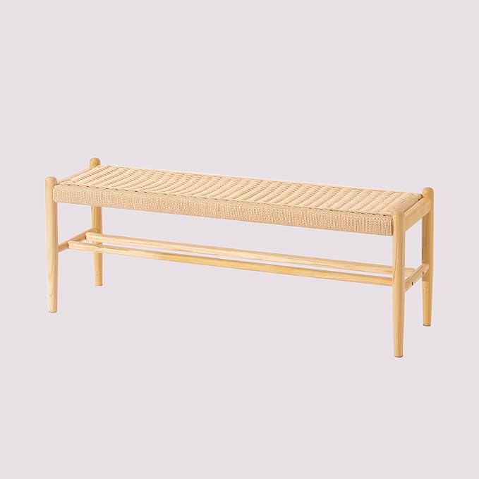 XINNAN Solid Wood Entryway Bench with Shoe Storage, Rustic Oak and Woven Design 45 Inch Long Seating for Living and Dining Rooms, Natural